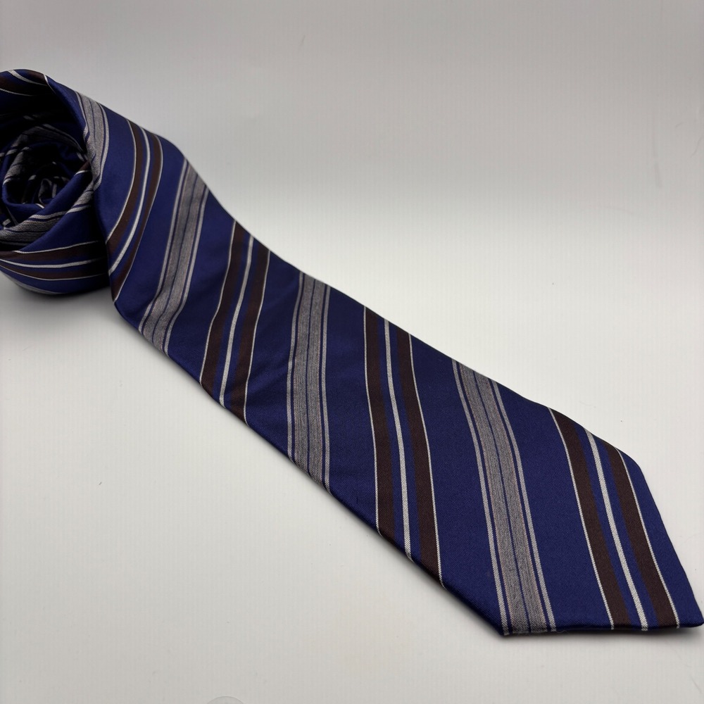 Massimo Bizzocchi Necktie Mens 3.15in Blue Brown Striped‎ Silk Made in Italy